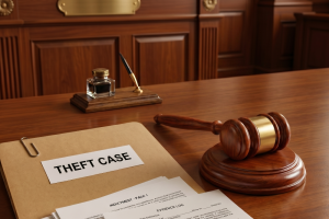 Wooden judge's desk with a gavel, inkwell, and a folder labeled THEFT CASE.